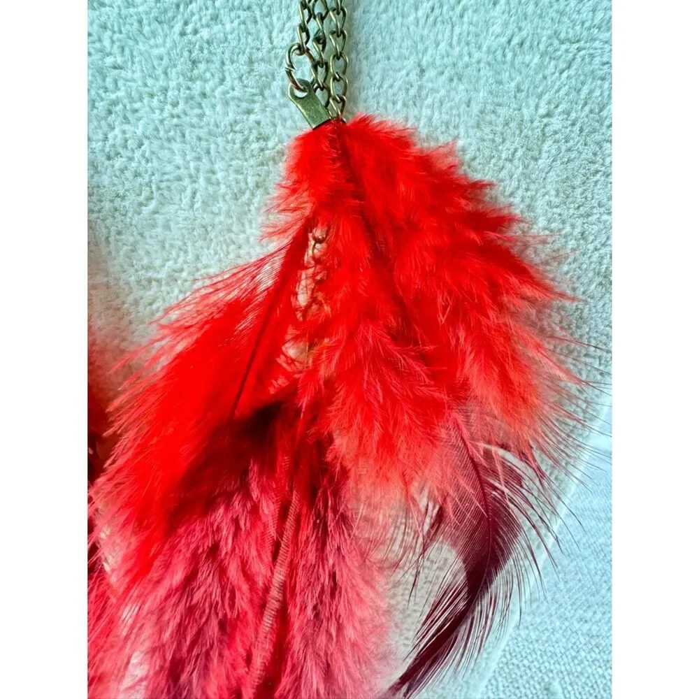 Red Feather Drop Earrings - Statement Feather Jewelry